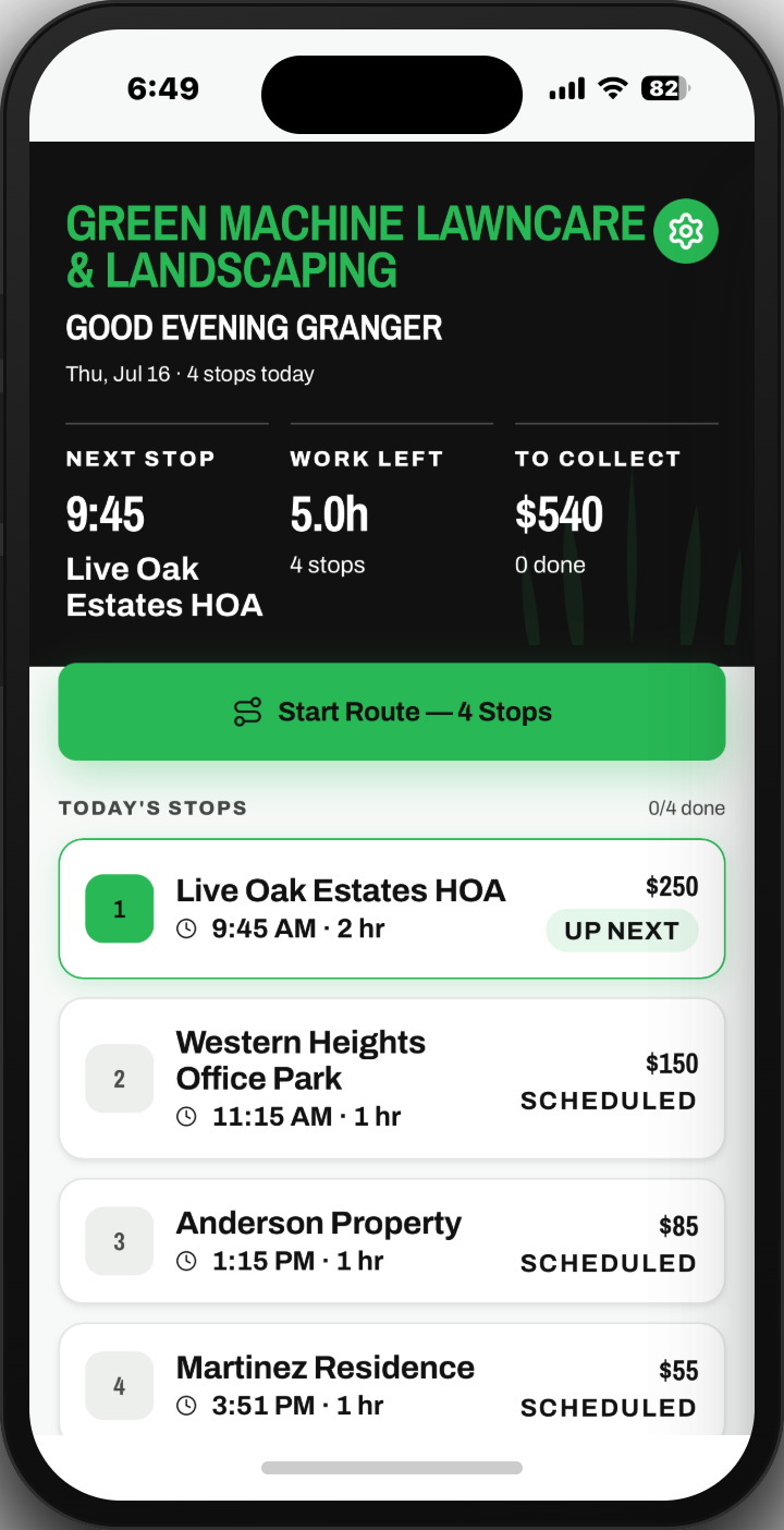 We Talk Grass app Today screen showing Green Machine Lawncare & Landscaping schedule